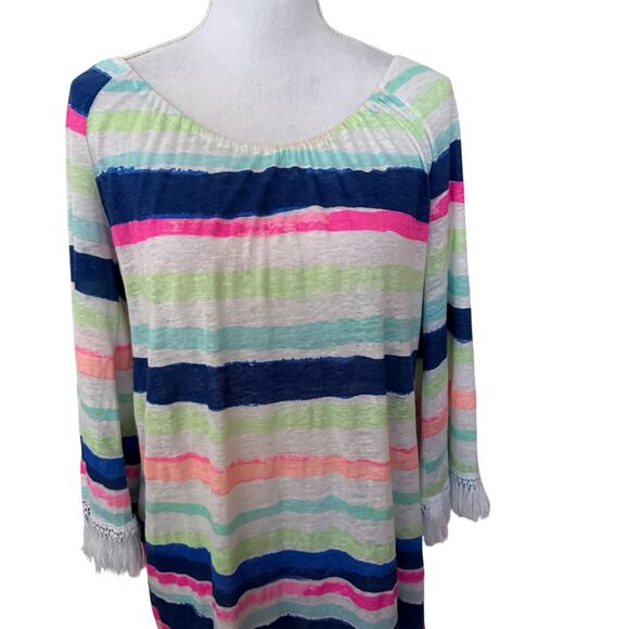 Lilly Pulitzer Striped Tassel Hem Bell Sleeve Swim Cover-Up Linen Tunic Dress M - Picture 13 of 16